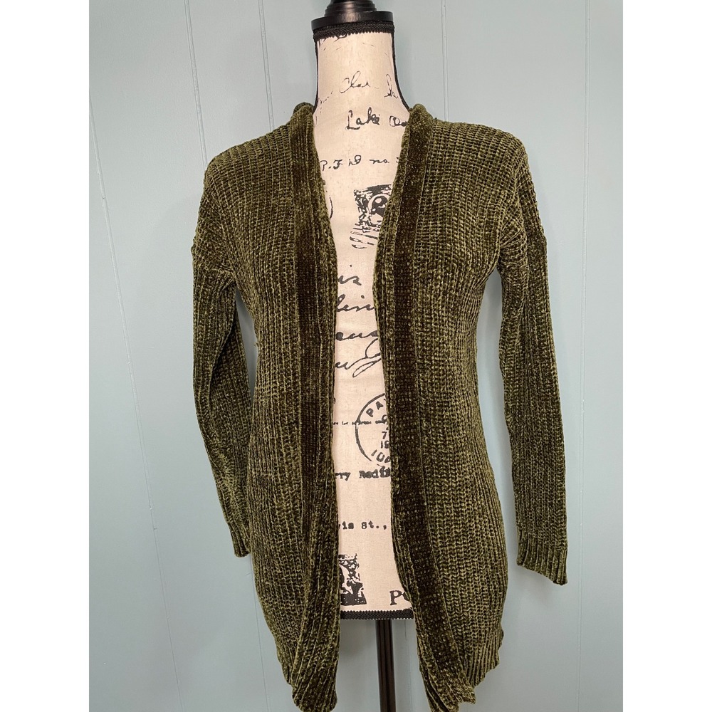 Poof Apparel Cardigan Women M Green Excellent Chenille Braided Back Open Front